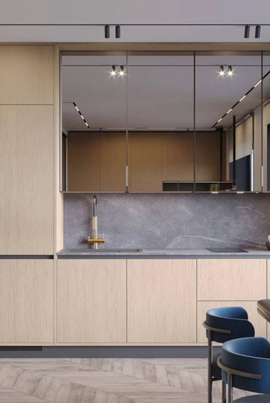 кухня с зеркальным фасадом