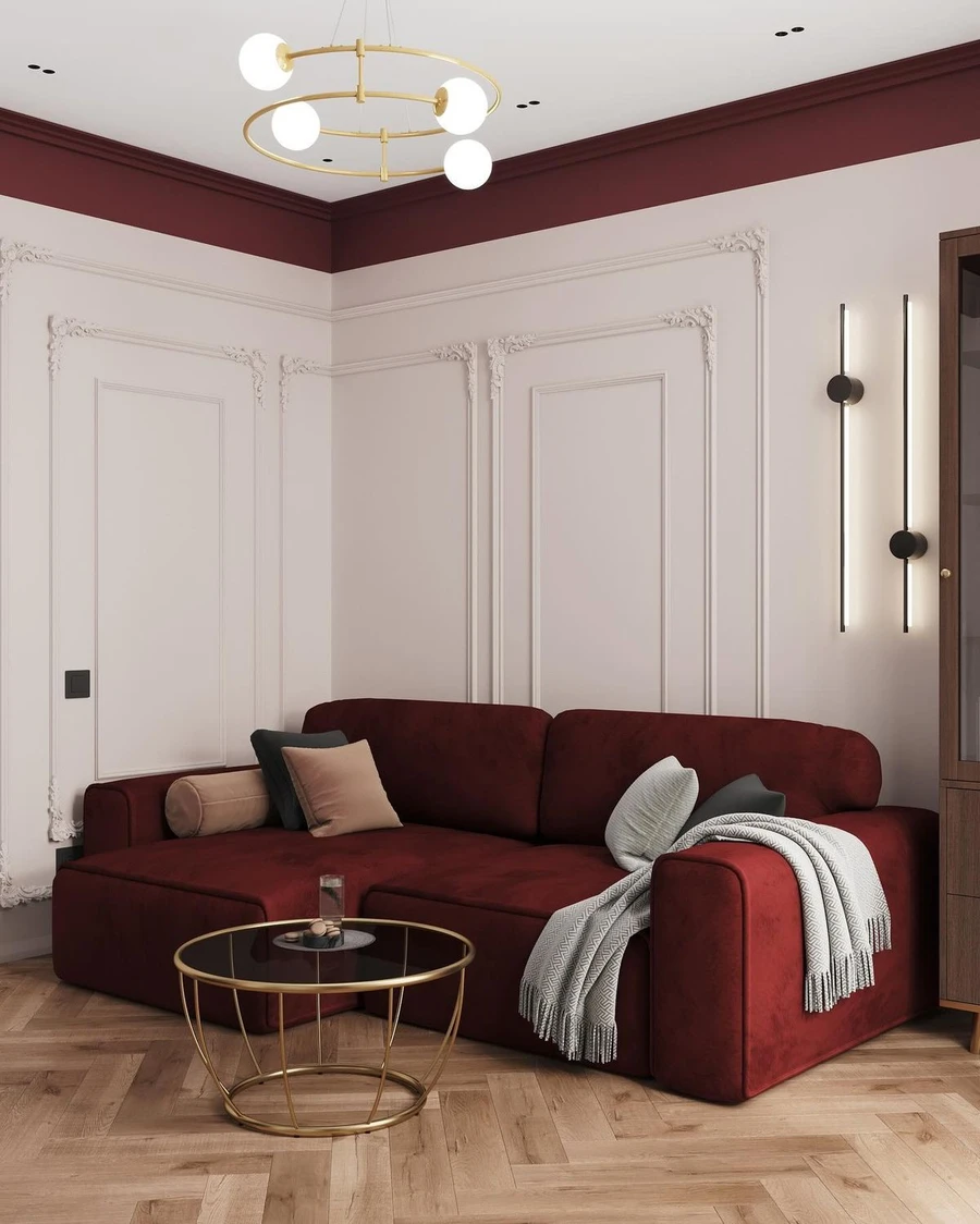 Гостиная в стиле модерн с красным диваном