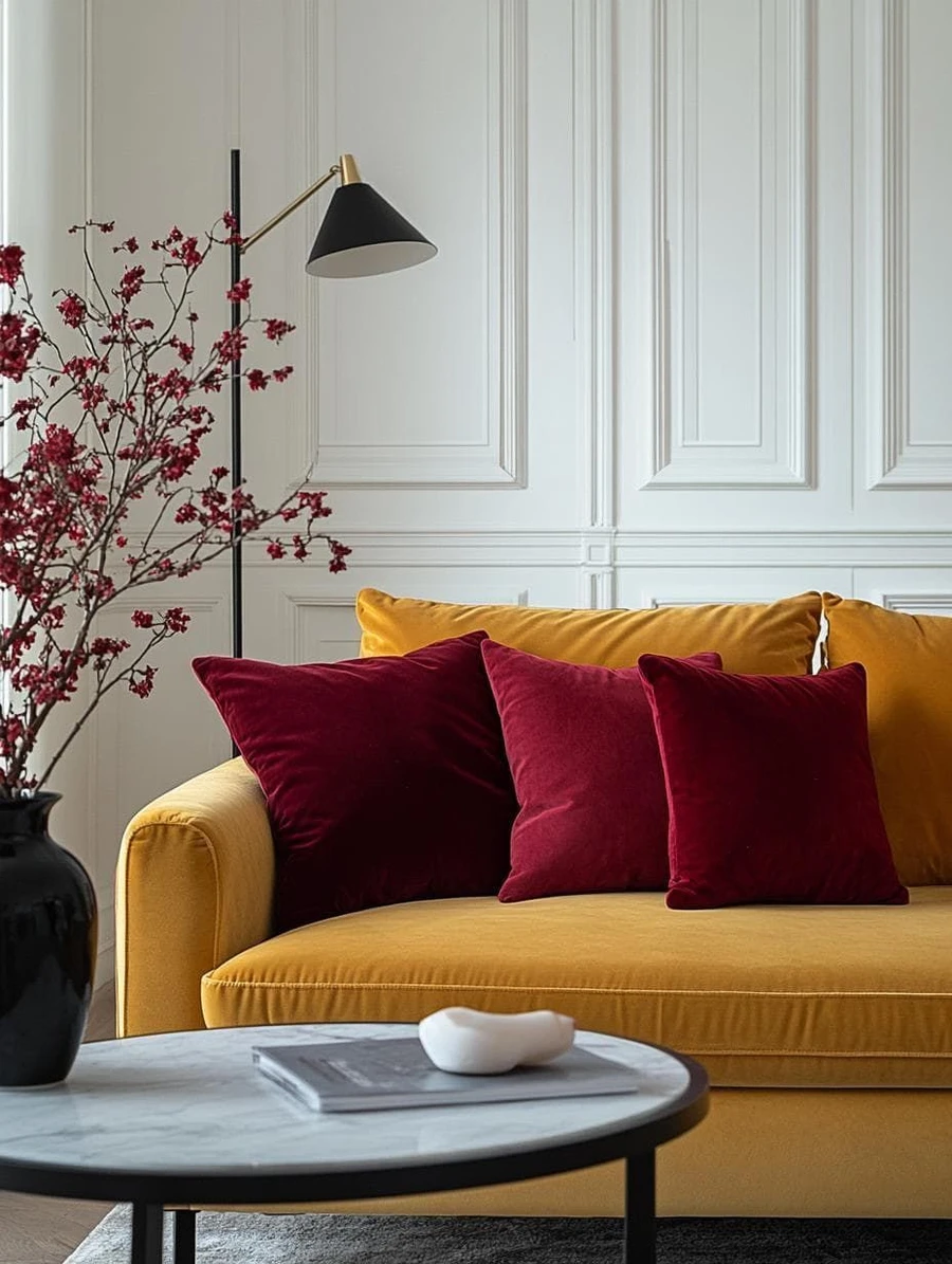 Дизайн гостиной в стиле модерн с желтым диваном