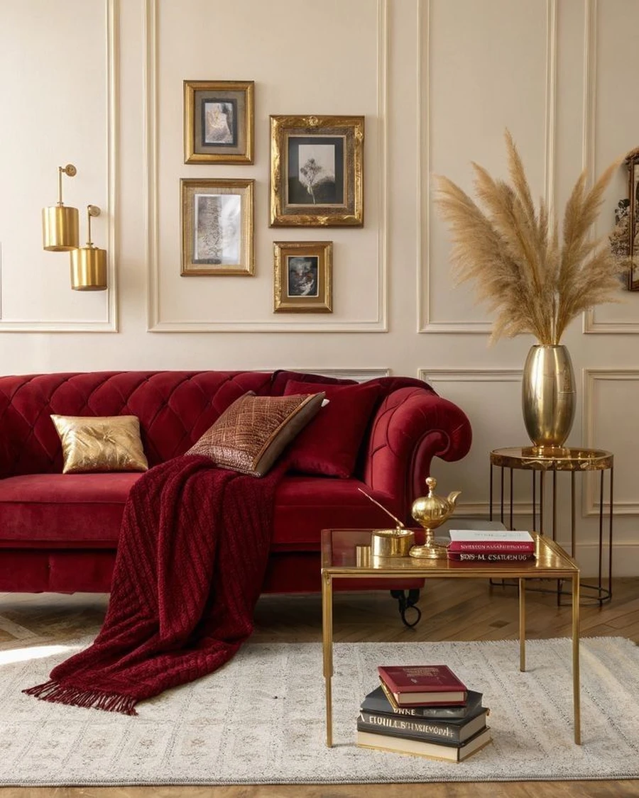 Дизайн гостиной с красным диваном и золотым декором
