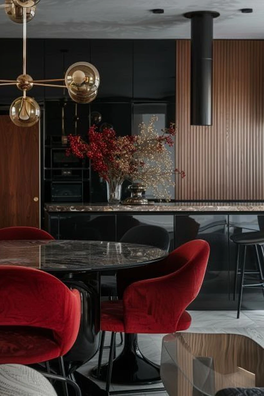Кухня с обеденной зоной и с красной мебелью