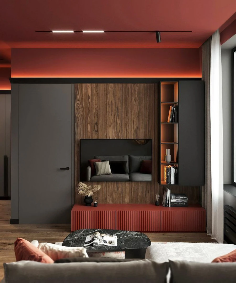 Гостиная с красными акцентами