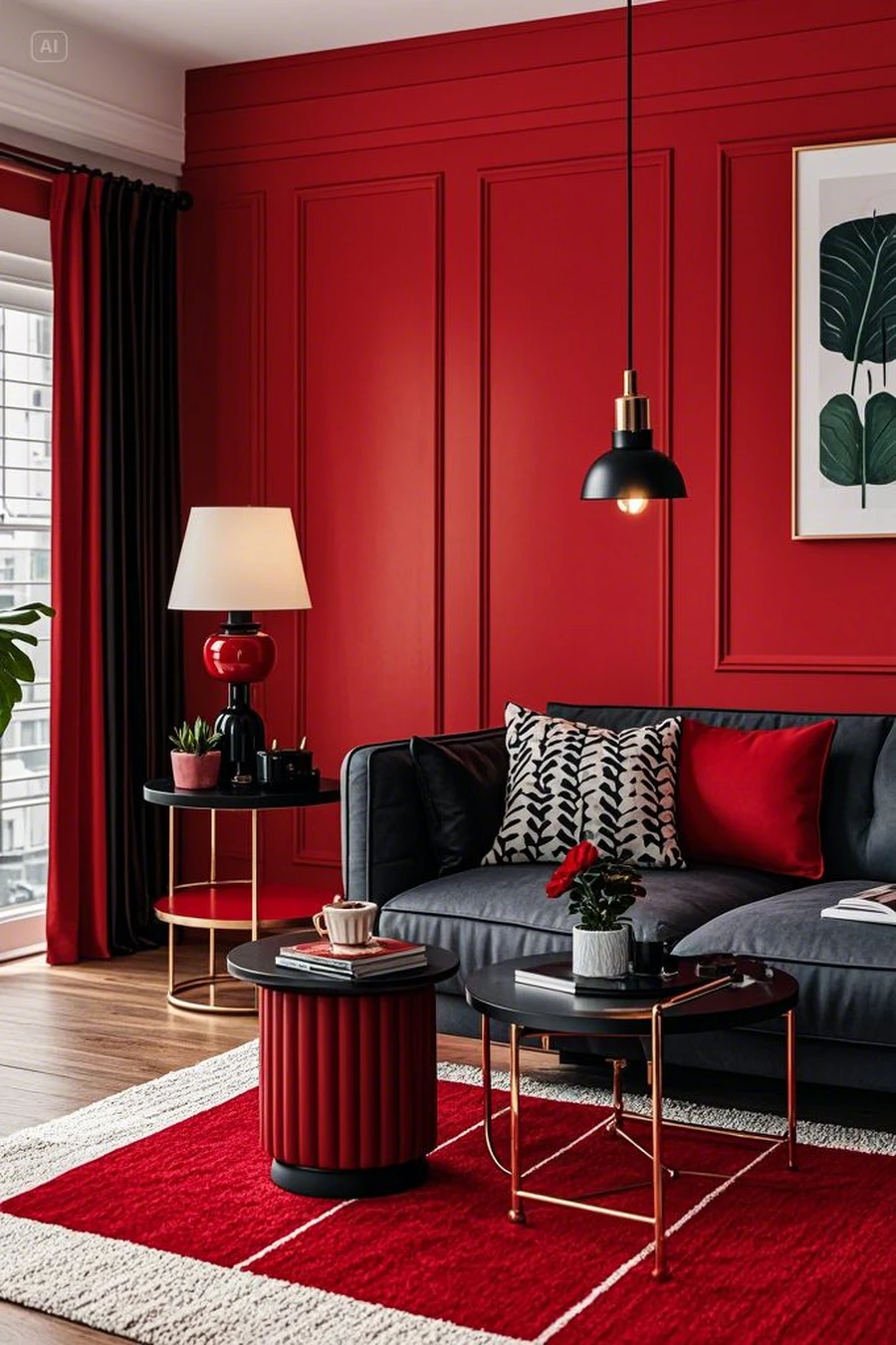 Гостиная с стиле неоклассика в красных оттенках